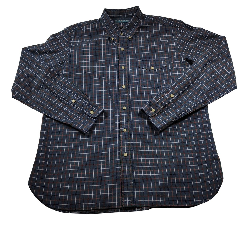 Ralph Lauren Mens XL Plaid Button Down Shirt Navy Blue Green Red Flap Pocket VTG